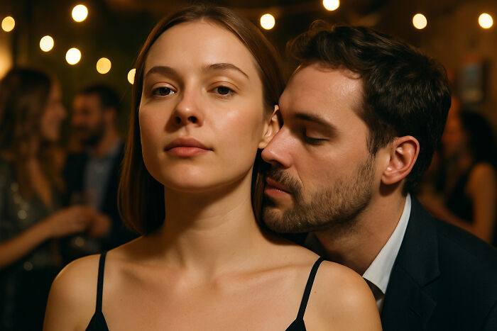 Young woman feeling shy and uncomfortable at a crowded party while a man leans close, highlighting struggle with shyness.