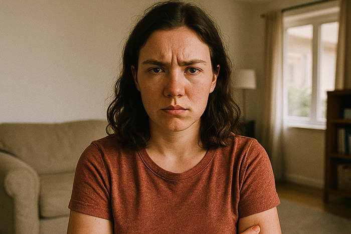 Woman frowning in living room, expressing frustration over bride splurging savings and expecting sister to fund wedding