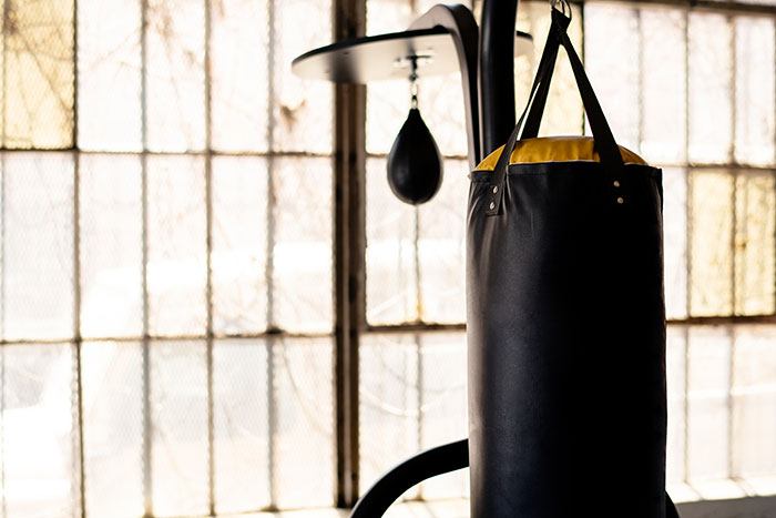 Black punching bag and speed bag hanging in a bright gym, symbolizing kids' lies that started off silly and got real.