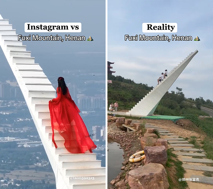 Instagram vs reality travel moment at Fuxi Mountain, Henan showing a staircase with different perspectives and visitors.