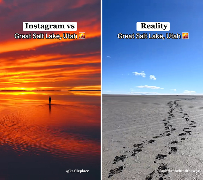 Instagram vs reality travel moments at Great Salt Lake Utah showing vibrant sunset and empty dry lakebed with footprints