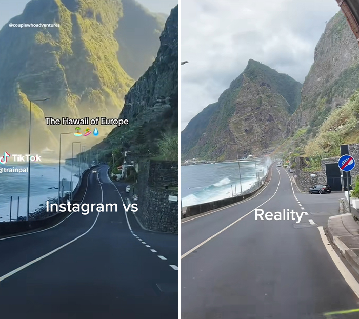 Comparison of Instagram vs reality travel moments showing a coastal road with mountains and ocean views.