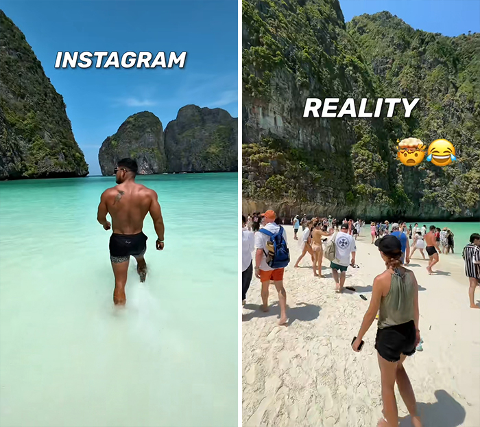 Crowded beach reality versus serene Instagram travel moment with turquoise water and rocky cliffs in the background.
