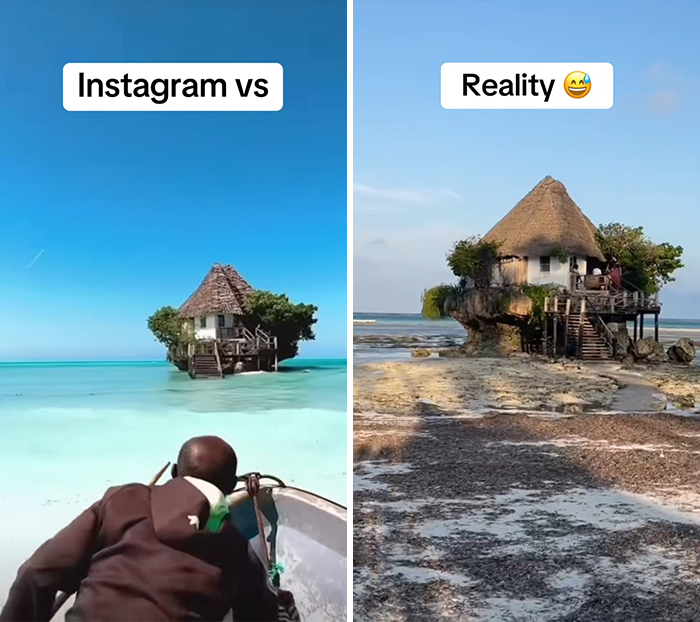 Man approaching thatched roof hut on rock in clear water versus dry rocky shore showing travel Instagram vs reality.