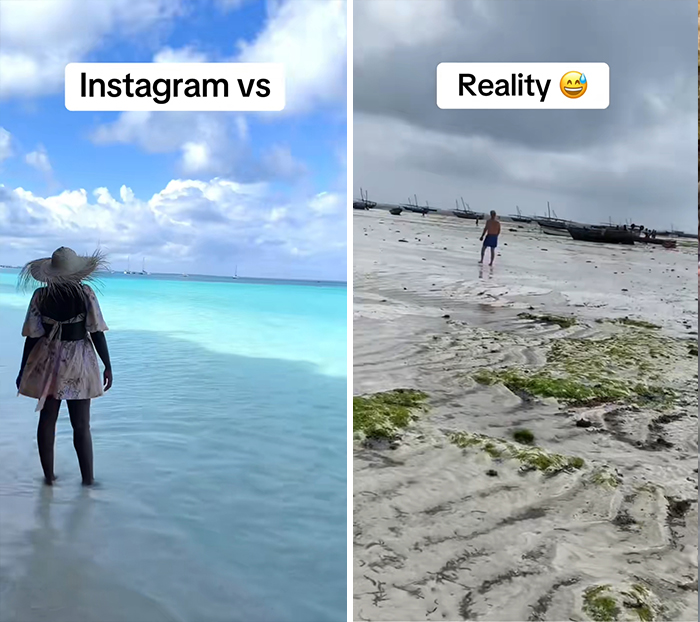 Side-by-side travel moments showing Instagram beach with clear water versus reality with low tide and muddy shore.