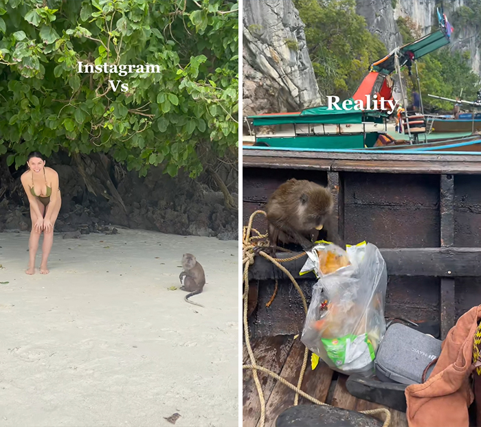 Side-by-side comparison of Instagram vs reality travel moments featuring a woman and a monkey on a boat with trash.