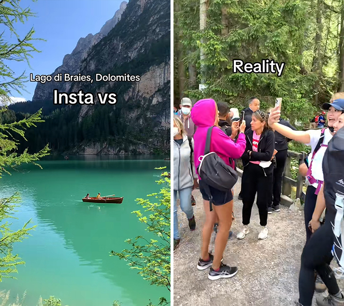 Split image showing Instagram vs reality travel moments at Lago di Braies, with a serene lake scene contrasted by a crowded tourist spot.
