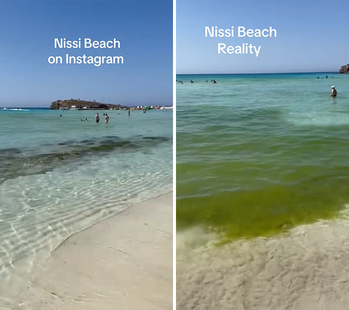 Comparison of Instagram vs reality travel moments at Nissi Beach showing clear vs murky water and beach conditions.