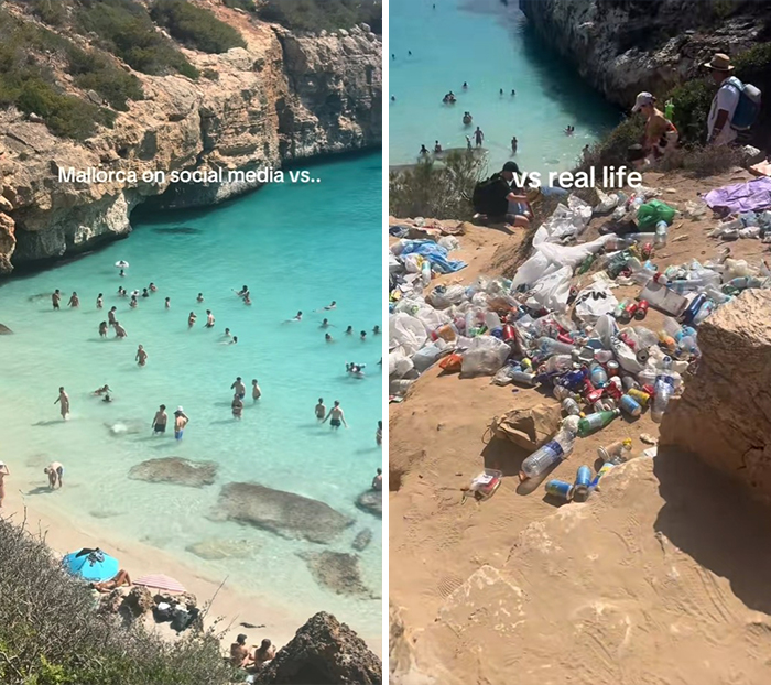 Crystal-clear beach in Mallorca with tourists versus reality showing littered shore, highlighting Instagram vs reality travel moments.
