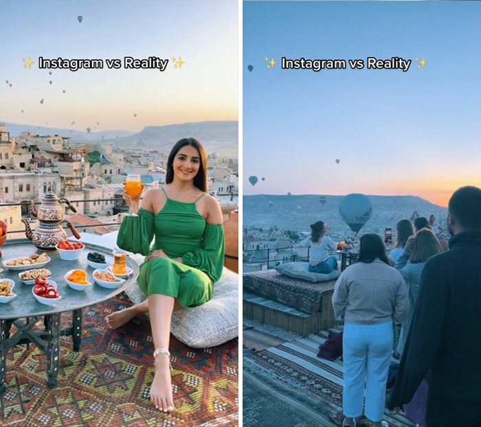 Woman in a green dress posing with breakfast contrasted with a group watching hot air balloons at sunrise Instagram vs reality travel moments.