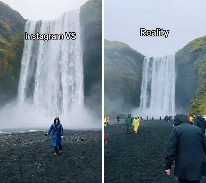 Side-by-side comparison of Instagram vs reality travel moments at a popular waterfall with visitors in rain gear.