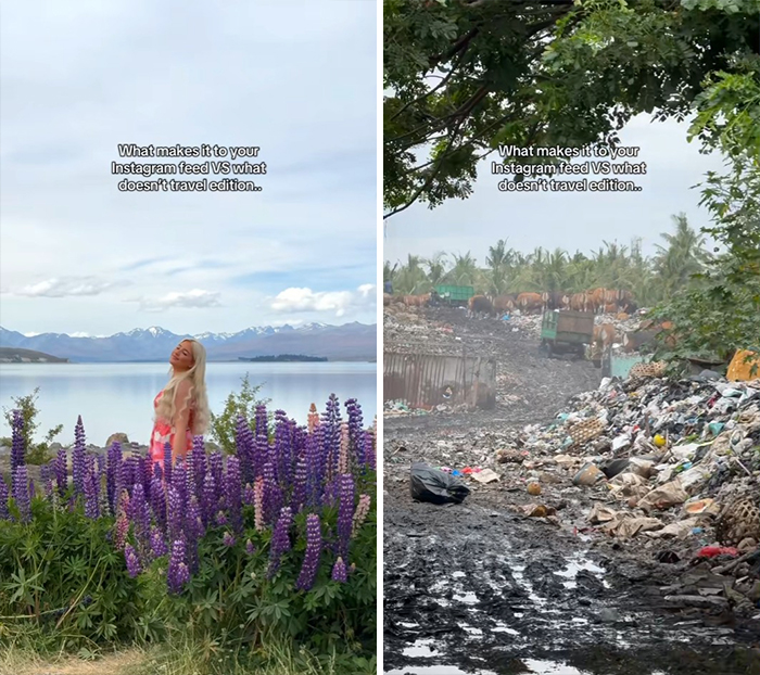 Comparison of Instagram vs reality travel moments showing scenic flowers and a contrasting muddy, trash-filled area.