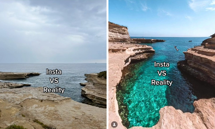 Side-by-side comparison of Instagram vs reality travel moments showing natural coastal landscapes and clear blue waters.