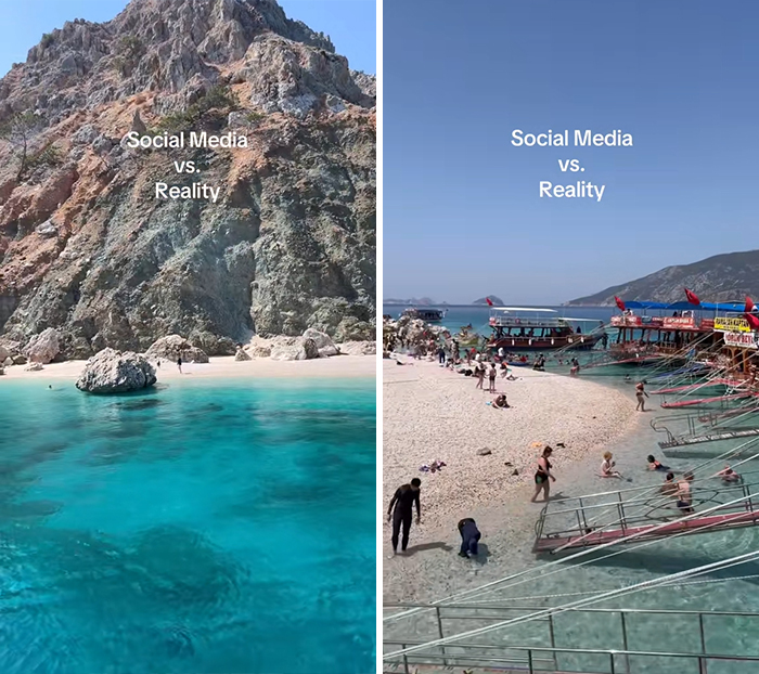 Two side-by-side travel photos showing Instagram vs reality moments at a beach with clear blue water and crowded shore.