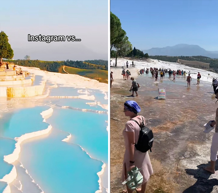 Comparison of Instagram vs reality travel moments at a crowded natural hot spring with clear blue water and visitors.