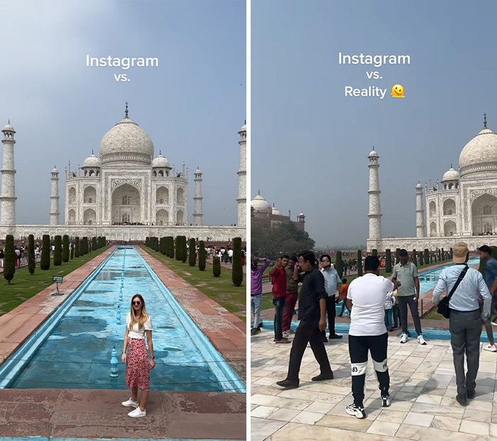 Tourists visiting the Taj Mahal showing Instagram vs reality travel moments with fewer people and a crowded scene.