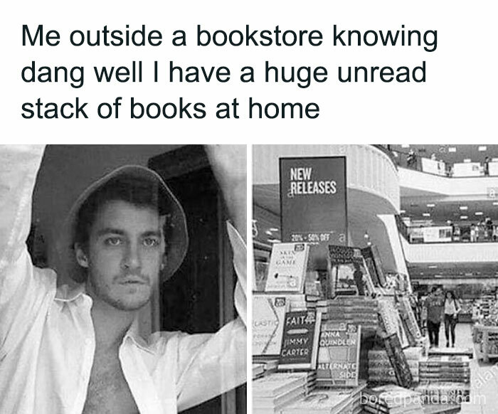 Young man outside bookstore looking conflicted about unread books at home, reflecting intellectual meme humor.