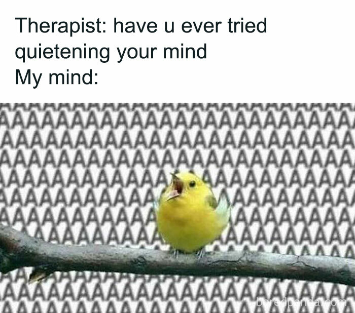 Yellow bird on branch surrounded by repeated letter A, representing chaotic mind in intellectual meme humor.