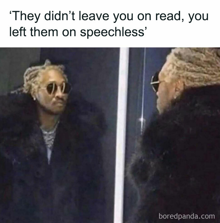 Meme with a man in sunglasses and fur coat looking in the mirror, reflecting intellectuals chuckling at memes.