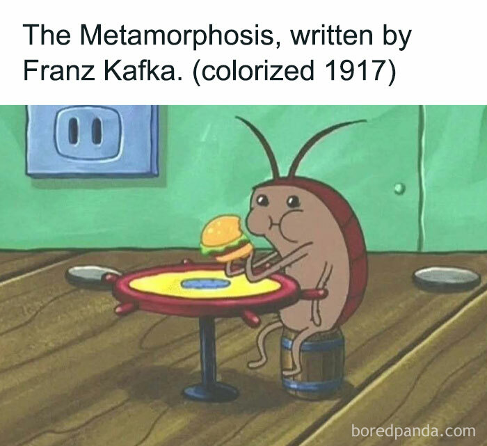 Cockroach cartoon sitting at a table eating a burger, humorously referencing intellectual memes for intellectuals.