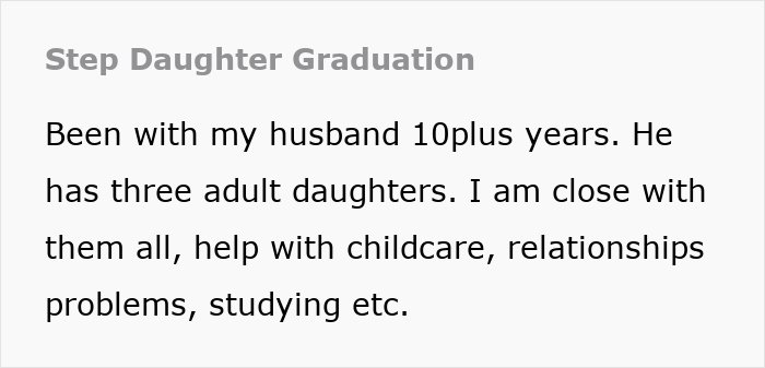 Text about wife who helped raise stepdaughters, close relationship with them despite exclusion from guest list.