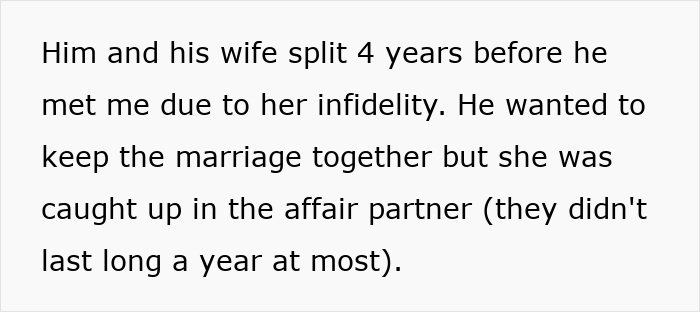 Text block discussing infidelity and its impact on a marriage, related to wife and stepdaughters avoiding conflict with volatile ex-wife.