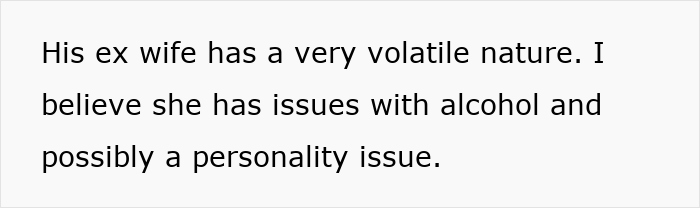 Text on screen discussing husband's ex-wife described as volatile with possible alcohol and personality issues.