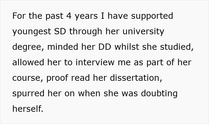 Text excerpt about a wife supporting stepdaughters through university to avoid conflict with volatile ex-wife.