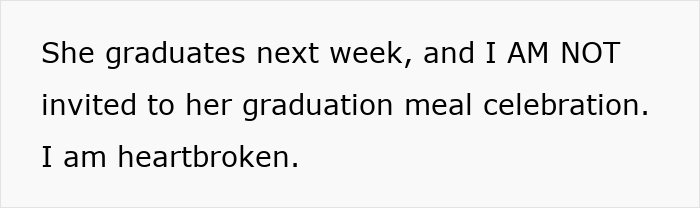 Woman expressing heartbreak about being left off the guest list for stepdaughters' graduation meal to avoid conflict.