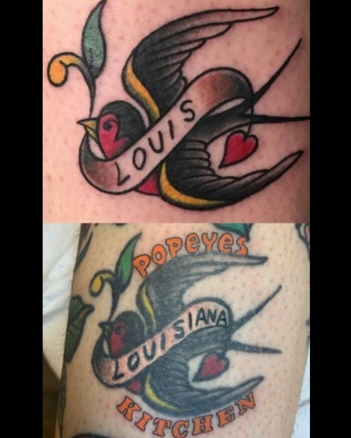 Two bizarre tattoo choices featuring a bird with text banners, one reading Louis and the other Louisiana Popeyes Kitchen.