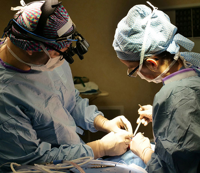Two surgeons in scrubs performing plastic surgery in an operating room with focused lighting and medical tools.