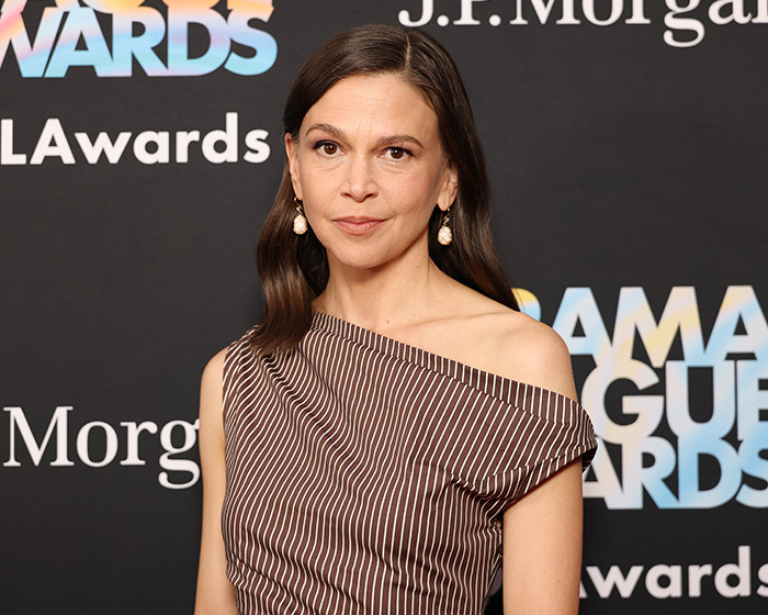 Woman with long brown hair wearing a striped off-shoulder dress at an awards event, related to Hugh Jackman's new girlfriend.