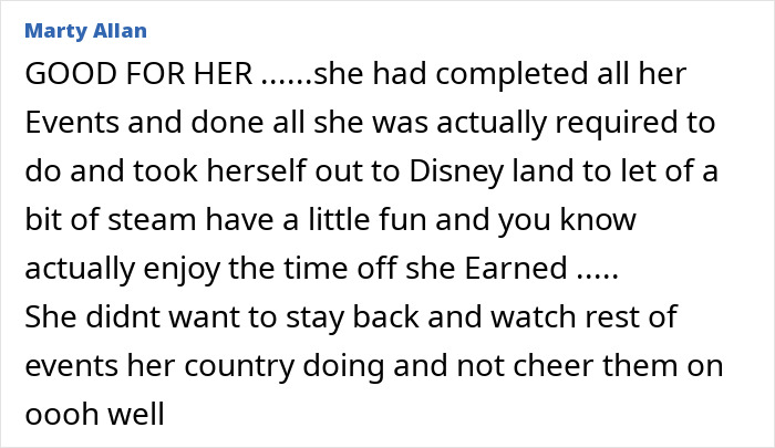 Comment by Marty Allan praising a swimmer who was kicked out of the Olympic Village for inappropriate behavior. Comment by Marty Allan praising a swimmer who was kicked out of the Olympic Village for inappropriate behavior.