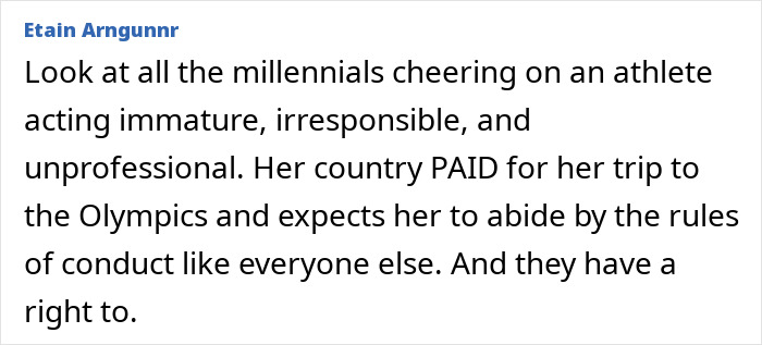 Comment from Etain Arngunnr criticizing swimmer kicked out of Olympic Village for inappropriate behavior, discussing rules and responsibility. Comment from Etain Arngunnr criticizing swimmer kicked out of Olympic Village for inappropriate behavior, discussing rules and responsibility.