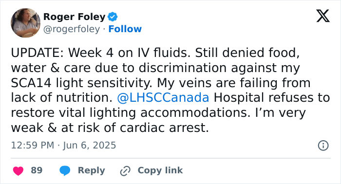 Tweet from man trapped in hospital exposing staff mistreatment and denial of care due to light sensitivity condition.