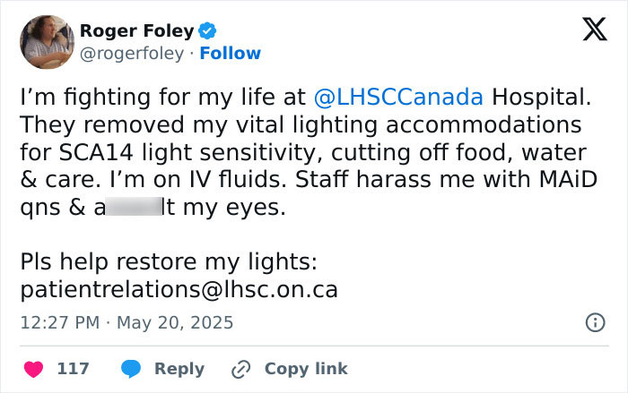Tweet from man trapped in hospital for 9 years, sharing struggles with staff and requesting help with lighting accommodations.
