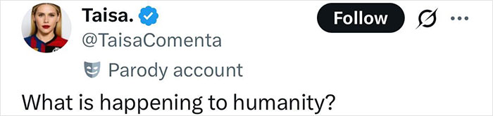 Screenshot of a parody Twitter account post by Taisa questioning humanity, related to teen losing life after cake gift incident.