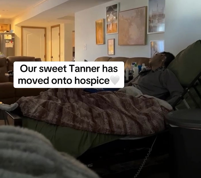 Man lying in a bed at home with text overlay about Tanner Martin moving onto hospice care after his passing announcement at 30. Man lying in a bed at home with text overlay about Tanner Martin moving onto hospice care after his passing announcement at 30.