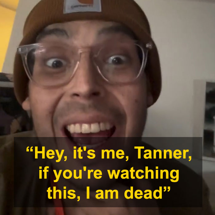 Tanner Martin announces his own passing in a pre-recorded video days after his baby was born, wearing glasses and a hat. Tanner Martin announces his own passing in a pre-recorded video days after his baby was born, wearing glasses and a hat.
