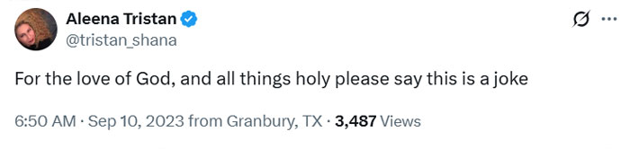 Tweet from Aleena Tristan expressing disbelief and hoping a statement is a joke, related to Tau Techno Mechanicus saga.