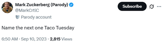 Screenshot of a parody Twitter post with a message about Taco Tuesday and over 2,800 views.