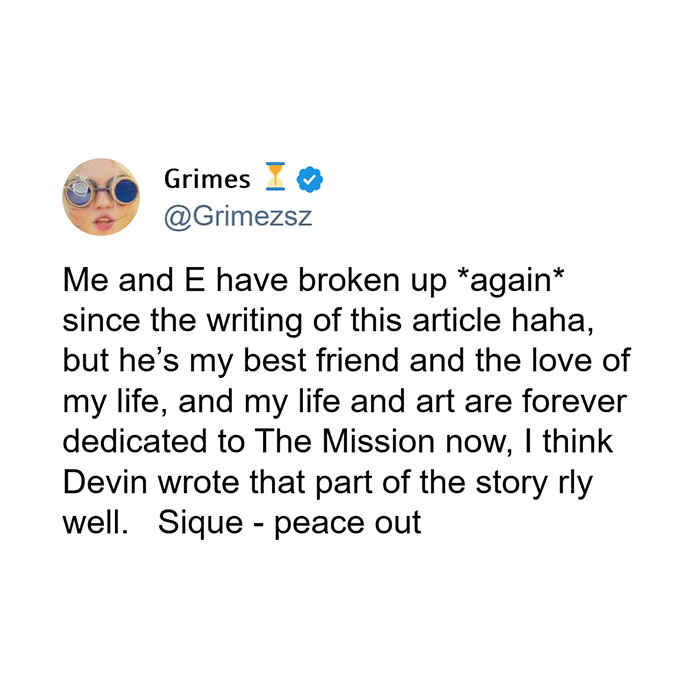 Tweet from Grimes discussing a breakup and dedication to The Mission, related to Tau Techno Mechanicus and chaotic Musk saga.