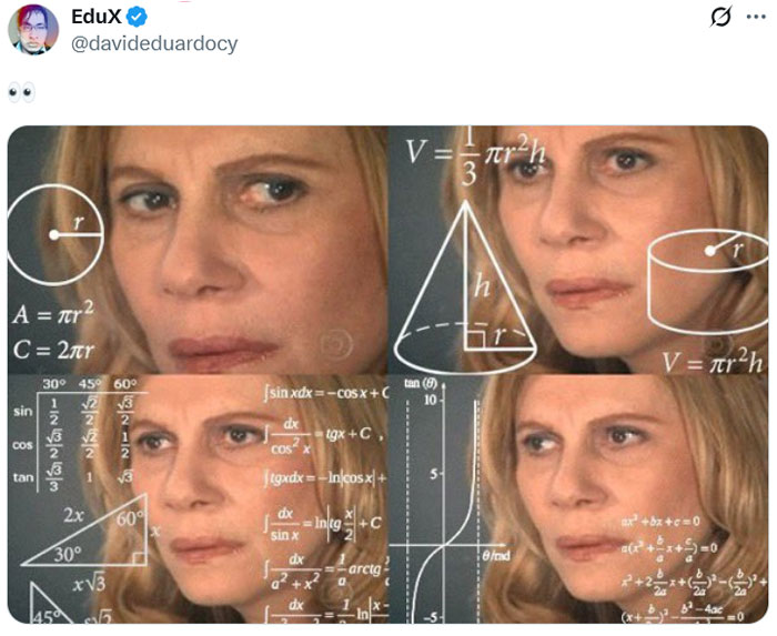 Woman with thoughtful expression surrounded by math formulas, illustrating Tau Techno Mechanicus and Chaotic Musk Family Saga concept.