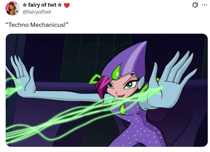 Animated character in a purple suit using green glowing energy beams representing techno mechanicus power in action.