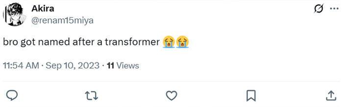 Screenshot of a tweet about a person named after a transformer, related to Tau Techno Mechanicus and Chaotic Musk Family saga.