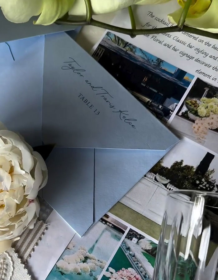 Wedding invitation featuring Taylor Swift and Travis Kelce&rsquo;s names, sparking secret marriage rumors.