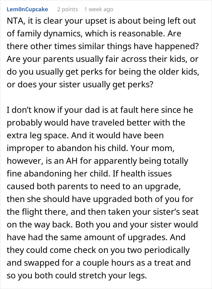 Comment discussing family vacation drama as dad upgrades one kid to business class while the other deals with it, highlighting family dynamics. Comment discussing family vacation drama as dad upgrades one kid to business class while the other deals with it, highlighting family dynamics.