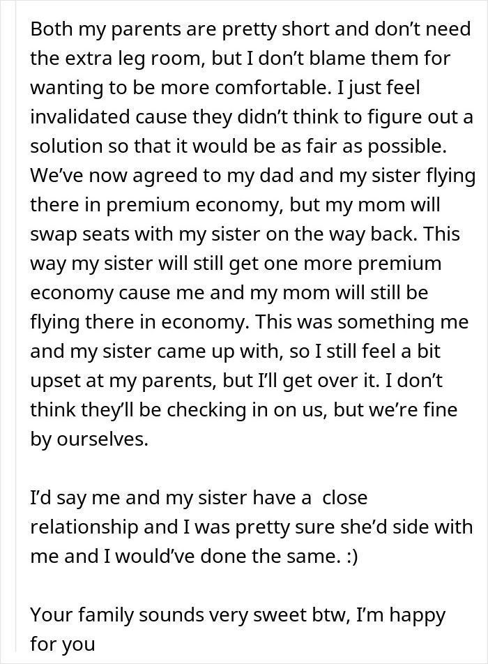 Text discussing family vacation flight seating issues, parents upgrading one child to premium class while others fly economy. Text discussing family vacation flight seating issues, parents upgrading one child to premium class while others fly economy.
