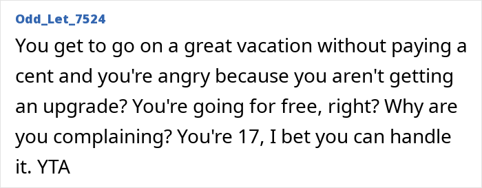Comment about family vacation conflict as dad upgrades one kid to business class while the other must deal with it. Comment about family vacation conflict as dad upgrades one kid to business class while the other must deal with it.