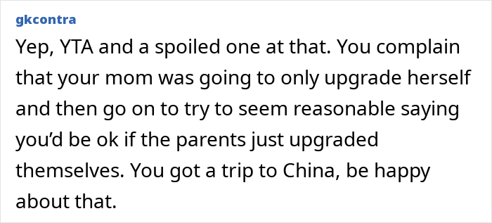 Comment discussing a family vacation drama where one kid gets a business class upgrade while another must deal with it. Comment discussing a family vacation drama where one kid gets a business class upgrade while another must deal with it.